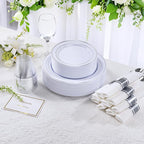 DaYammi 210PCS Silver Plastic Dinnerware Set for 30 Guests, Fancy Disposable Plates for Party, Include: 30 Dinner Plates, 30 Dessert Plates, 30 Pre Rolled Napkins with Silver Silverware, 30 Cups