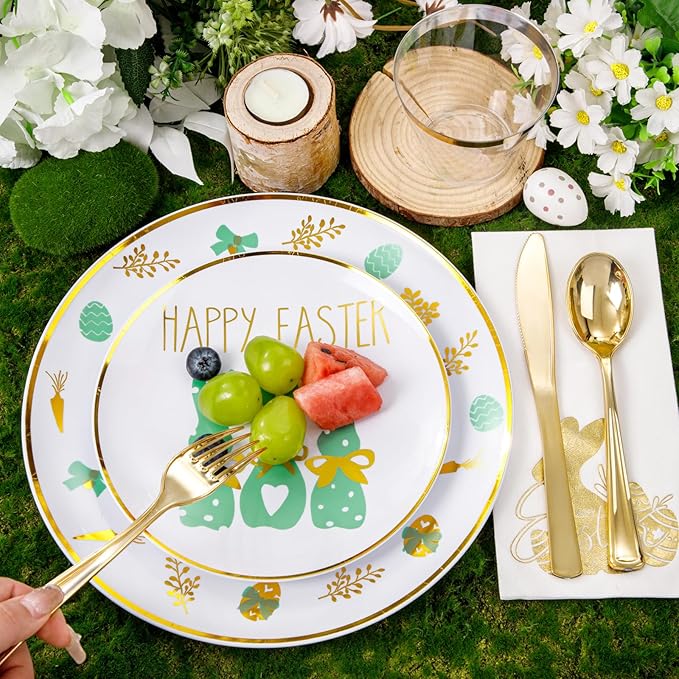 Hioasis 175pcs Easter Plastic Plates, Bunny Plastic Disposable Dinnerware Set Include 25 Dinner Plates, 25 Dessert Plates, 25 Forks, 25 Knives, 25 Spoons, 25 Napkins，25 Cups Perfect for Easter Party
