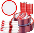Liacere 350PCS Clear and Red Plastic Mothers Day Plates and Napkins for 50Guests Plastic Dinnerware Set:100 Red Disposable Plates 50 Pre Rolled Napkins with Cutlery,50 Cups for Mothers Day&Graduation