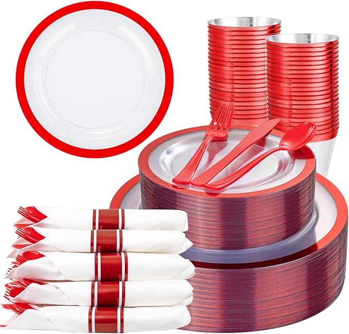 Liacere 350PCS Clear and Red Plastic Mothers Day Plates and Napkins for 50Guests Plastic Dinnerware Set:100 Red Disposable Plates 50 Pre Rolled Napkins with Cutlery,50 Cups for Mothers Day&Graduation
