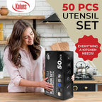 Kaluns 50 PCS Silicone Kitchen Utensils Set Complete Kitchen Set - 800°F Heat Resistant Non-Stick Premium Cooking Utensils W Wooden Handles - Can Opener, Masher, Turner, Silicone Spatula Set