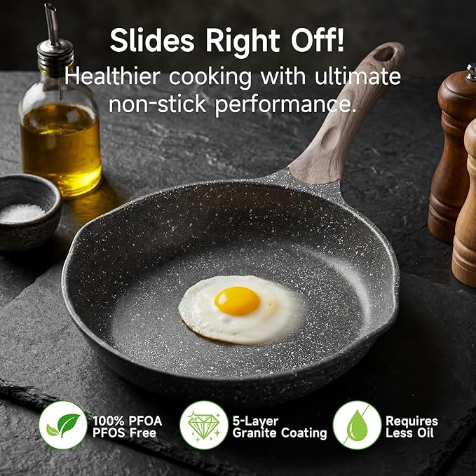 JEETEE 9.5 inch Nonstick Frying Pan Granite Stone Coating Cookware, Nonstick Omelette Skillet with Soft Touch Handle, Compatible with All Stoves (Grey)