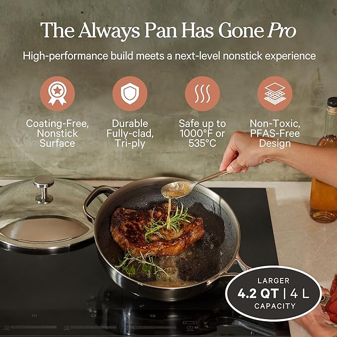 Our Place Large Titanium Always Pan Pro | 12.5" PFAS-Free Nonstick Frying Pan with Spatula | Chef-Grade Tri-Ply Stainless Steel & Aluminum Build | Induction & Oven-Safe up to 1000°F | Chrome