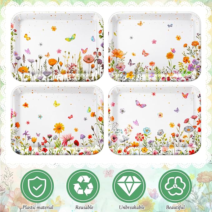4 Pieces Wildflower Serving Trays Flower Melamine Platters Reusable Rectangle Party Trays for Spring Summer Floral Theme Party Food Dessert Serving Supplies, 13 x 9.7 inch