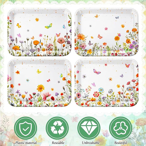 4 Pieces Wildflower Serving Trays Flower Melamine Platters Reusable Rectangle Party Trays for Spring Summer Floral Theme Party Food Dessert Serving Supplies, 13 x 9.7 inch