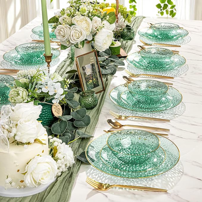 I00000 30 Pack 12 Ounce Clear Green Plastic Bowls Serving Bowls Hammered with Gold Rimmed, Heavy Duty Disposable Bowl Set,Small Bowls for Party Picnic