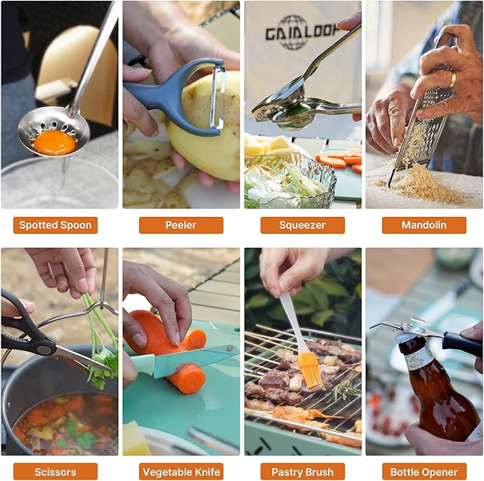 Portable Camping Cooking Utensils Set, Camp Kitchen Set with Organizer Bag, RV Essentials Outdoor Cooking Utensil Kit for Travel, Picnics, Camping, BBQs, Parties