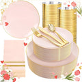 NOCCUR 350PCS Pink Plates Disposable - Pink Gold Plastic Dinnerware Set for 50 Guests Include 100 Dinner/Dessert Plates,150 Cutlery,50 Cups&50 Napkins - Ideal for Party/Wedding/Mother's Day