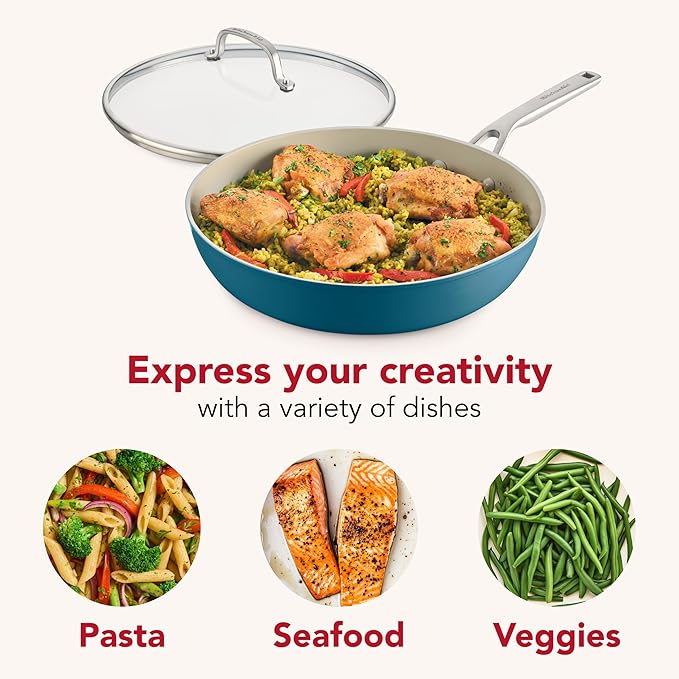 KitchenAid Hard Anodized Ceramic Induction Nonstick Cookware Frying Pan/Skillet with Lid, Dishwasher Safe, 12.25 Inch Non Stick Fry Pan with Stainless Steel Handle - Agave Blue