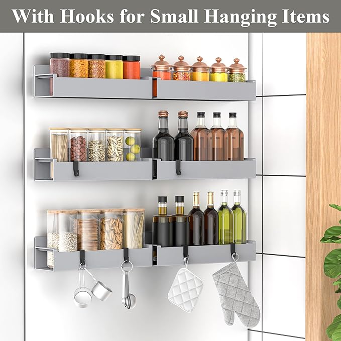 6 Pack Magnetic Spice Rack Organizer for Refrigerator and Oven, Light Gray Fridge Organizers and Storage for Kitchen