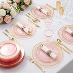 WELLIFE 350Pcs Clear-Pink Plastic Dinnerware- Pink and Gold Plastic Dinnerware include 50 Dinner Plates, 50 Dessert Plates, 150 Gold Silverware, 50 Cups and 50 Napkins Perfect for Parties