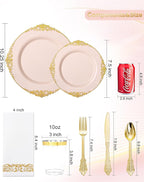 Nervure 350PCS Pink Plastic Plates - Pink Plastic Dinnerware Sets for 50 Guests - 100 Disposable Plates, 150 Gold Silverware, 50 Cups, 50 Napkins Perfect for Wedding & Party & Mother's Day