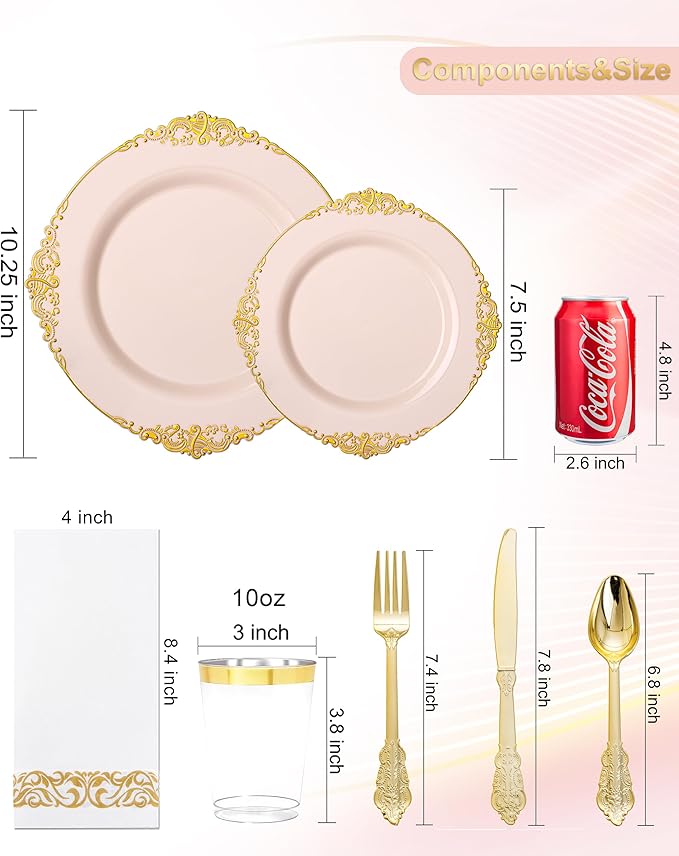 Nervure 350PCS Pink Plastic Plates - Pink Plastic Dinnerware Sets for 50 Guests - 100 Disposable Plates, 150 Gold Silverware, 50 Cups, 50 Napkins Perfect for Wedding & Party & Mother's Day