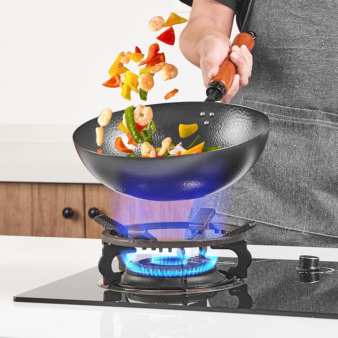 11" Round Bottom Carbon Steel Wok, Traditional Chinese Stir Fry Pan for Gas Stove & Wok Ring, Round-Bottom Induction Wok Burner Compatible, Uncoated Small Wok Pan