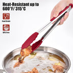 Doosu Kitchen Tongs for Cooking - 600°F Heat Resistant Food Tong Set with Non-Scratch Silicone Tips, Heavy Duty Stainless Steel Locking Tong for BBQ, Grilling Steak, Serving Salad (9+12in, Red)