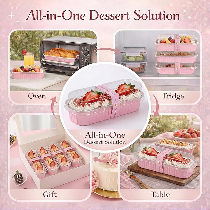 25 Pack Mini Loaf Pans with Lids and Spoons Sealing Sticker, 6.8oz Mini Cake Pans for Baking, Disposable Aluminum Foil Loaf Pans, Pink Loaf Baking Pans, Small Cake Containers With Lids
