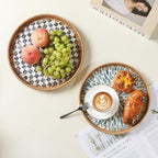 Round Rattan Tray with Mother of Pearl Inlay, Decorative Wicker Serving Tray with Wooden Base, Woven Basket Trays for Bread Fruits Coffee, Light Blue