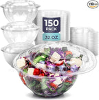 Fit Meal Prep 150 Pack 32 oz Disposable Plastic Clear Salad Bowls with Airtight Lids - To Go for Lunch, Takeout, Party, Catering, Picnic