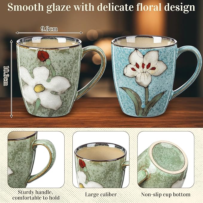 Maxdot 2 Pcs 12oz Ceramic Coffee Mugs Sets Glazing Process Cappuccino Mug Floral Ceramic Tea Cups Mother's Day Idea Gift for Women Mom Porcelain Cup for Coffee, Cocoa, Tea, Latte (Fresh)