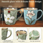 Maxdot 2 Pcs 12oz Ceramic Coffee Mugs Sets Glazing Process Cappuccino Mug Floral Ceramic Tea Cups Mother's Day Idea Gift for Women Mom Porcelain Cup for Coffee, Cocoa, Tea, Latte (Fresh)