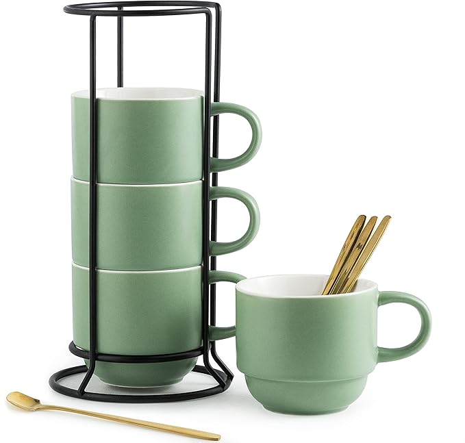 YHOSSEUN 11 Oz Coffee Mugs with Rack and Metal Spoon - Christmas Coffee Cups with Stand for Espresso, Latte, Cappuccino - Ceramic Tea Cup Demitasse Cups Set of 4 for Coffee Time, Green