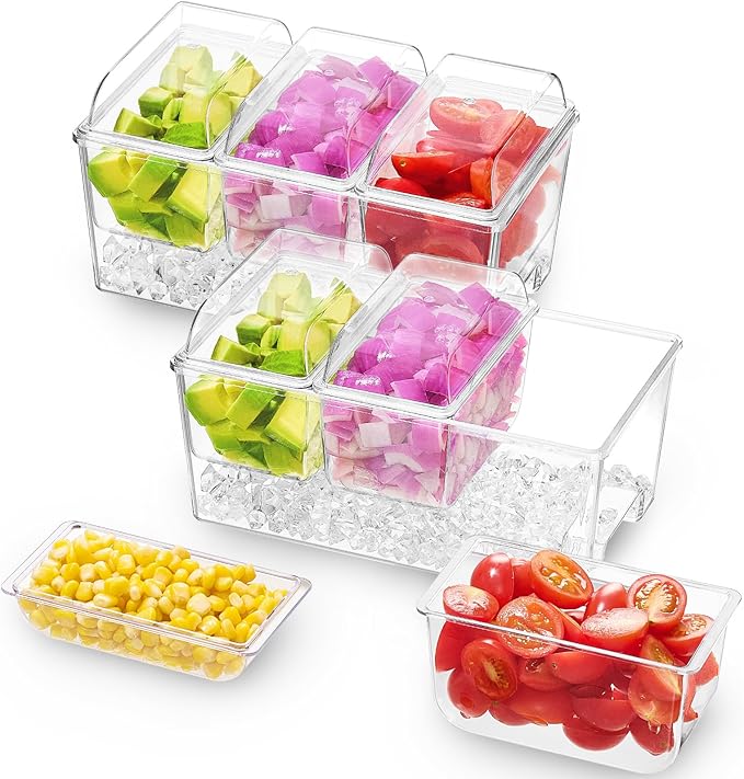 Lifewit 2 Pack Taco Bar Serving Set for Party with 3 x 20 oz Containers, Ice Chilled Condiment Caddy Organizer, Garnish Serving Tray Platter for Mimosa Bar Accessories, Fruit, Salad, Food