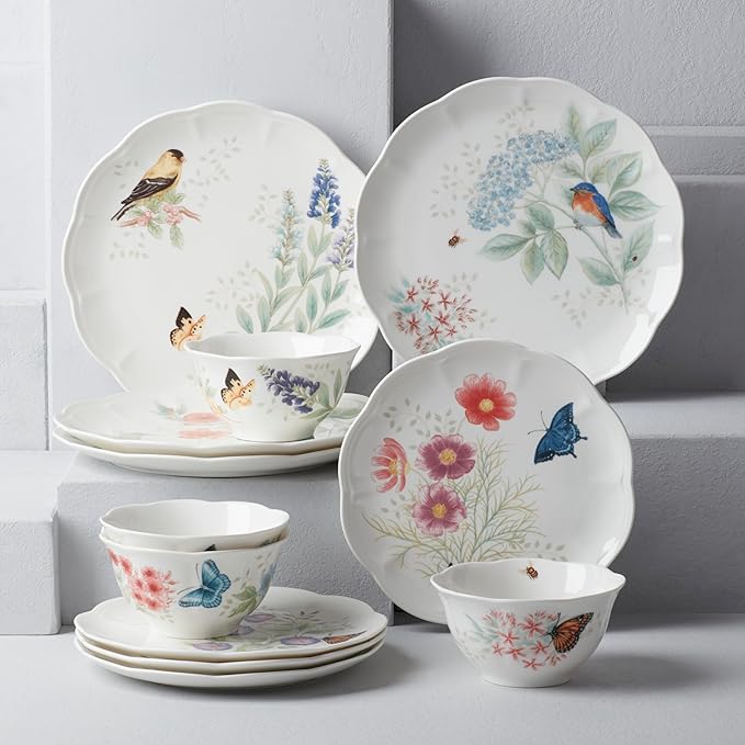 Lenox Dinnerware Set, Butterfly Meadow Flutter 12-Piece Set, Service For 4, Elegant White Porcelain, Dishwasher Safe, Chip Resistant, Plates And Bowls Sets, Home and Kitchen (Assorted, 12 Pieces)