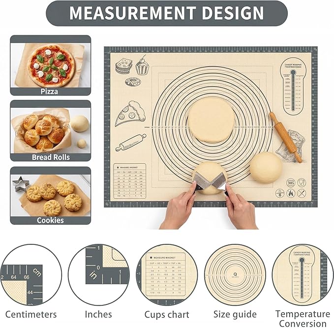 Silicone Baking Pastry Dough Mat - 26x16Inch Extra Large Cookie Bread Rolling Mats Sheet, Nonstick Kitchen Counter Kneading Board,Thick Reusable Pie Cookies Pizza Fondant Making Matt Measurement(Gray)