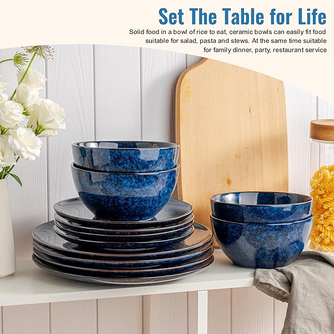 Dafuceramic Plates and Bowls Sets, 12 Pieces Dark Blue Dinnerware Sets for Kitchen, Reactive Glaze Dishes Set for 4, Dishwasher and Microwave Safe, Series Starflecked Shore(Dark Blue)