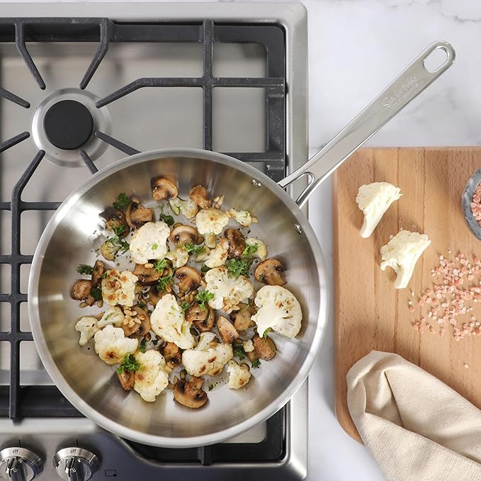Sur La Table Kitchen Essentials Chef's Deck 11-Inch Large Stainless Steel Frying Pan – Induction Ready Skillet with Tri-Ply Base, Polished Finish & Hollow Stay-Cool Handle