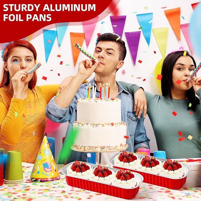 100 Pack Red Mini Aluminum Foil Loaf Pans with Lids 50Pcs 6.8oz and50Pcs 10oz, Spoons & Sealing Stickers Included Ideal for Baking, Storage & Gifting Dessert (100PCS RED)
