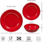 12 Piece Farmhouse Melamine Dinnerware Sets, Service For 4 Rustic Crackled Plates and Bowls Sets, Melamine Dishes Set for Christmas,Wedding, Set of 4 Camping Dishes, Red