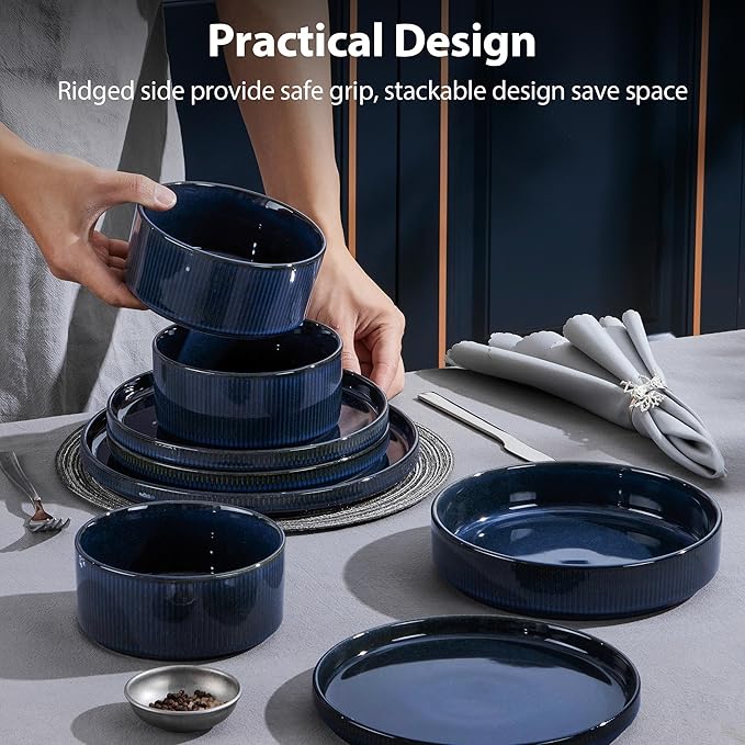 LIANYU 24 Piece Dinnerware Sets with Pasta Bowls for 6, Ribbed Dishes Plates and Bowls Set, Microwave & Dishwasher Safe Ceramic Stoneware for Home Kitchen, Scratch and Chip Resistance, Twilight Blue