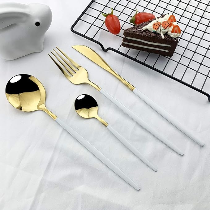 JASHII Flatware Serving Set 24 Piece, Stainless Steel Silverware Set, White Gold Cutlery, Modern Elegant Tableware for Party, Christmas, Dinner