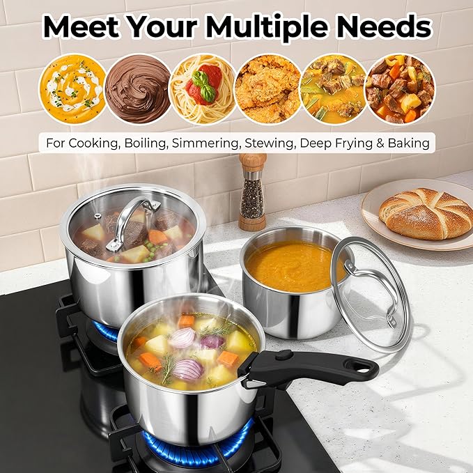 P&P CHEF Tri-Ply Stainless Steel Cookware Set of 3 with Removable Handle, 9-Pieces Pots and Pans Set, Induction 2Qt Saucepan, 3Qt Small Pot & 4Qt Cooking Pot, Oven & RV Safe to 500℉, Dishwasher Safe