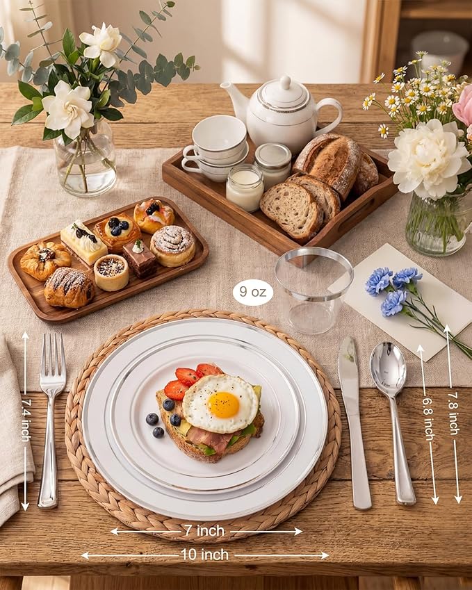 bUCLA 600pcs Silver Plastic Dinnerware Set for 100 Guests - Silver Christmas Dinnerware Set Disposable for Party - Include 100 Dinner Plates,100 Dessert Plates,100Cups,100 Knives,100 Forks,100 Spoons