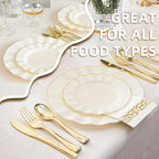 175PCS Gold and Ivory Plastic Dinnerware Set, Plastic Party Plates for 25 Guests, 50 Disposable Plates, 25 Heavy Duty Silverware, 25 Cups, 25 Napkins for Party and Wedding