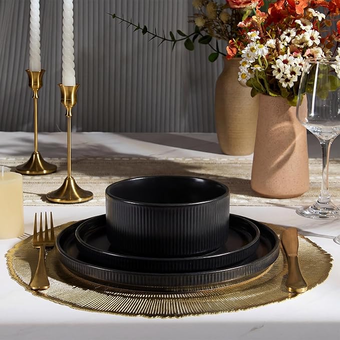 E-far Stoneware Dinnerware Sets for 2, 6-Piece Plates and Bowls Sets, Chip & Scratch Resistant Ribbed Dish Set for Home Restaurant, Microwave & Dishwasher Safe, Matte Black