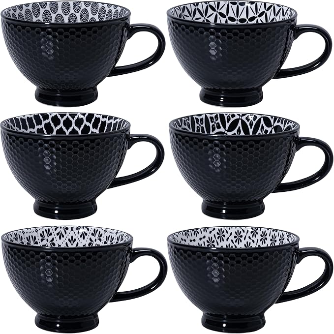 LEHAHA Coffee Mugs Set of 6, 14 Ounces footed Ceramic Mugs, Porcelain Black Coffee cups with handle for men women for Coffee, Tea, Cappuccino, Cocoa, Cereal, Black