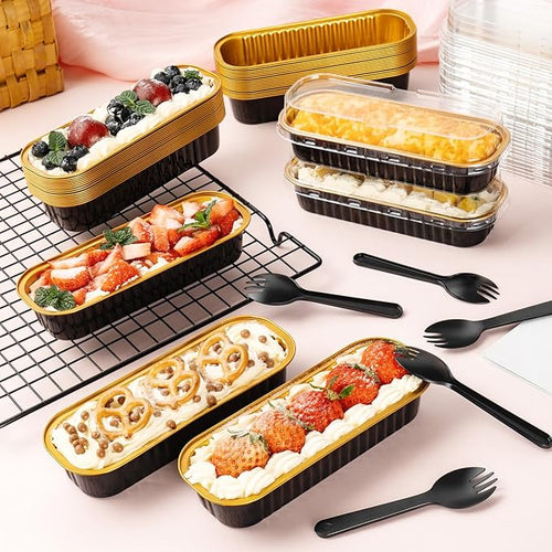 120Pcs Mini Loaf Pans with Lids, Aluminum Foil Baking Pans, Rectangle Mini Cake Pa, Brownie Baking Cups for Wedding Birthday Party (Black Gold)