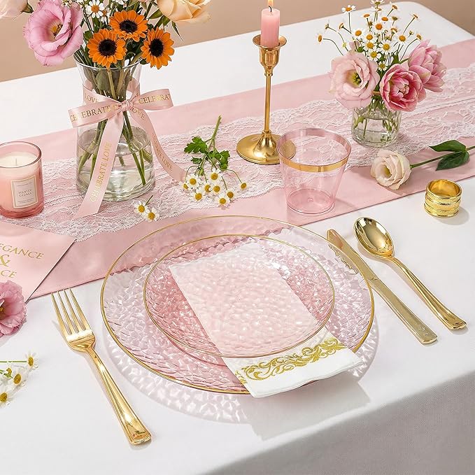Rubtlamp 350 Pcs Clear Pink Plastic Plates, Pink Gold Plastic Dinnerware Set (50 Guests), Disposable Plates With Gold Rim, Hammered Party Plates Set for Wedding And Party
