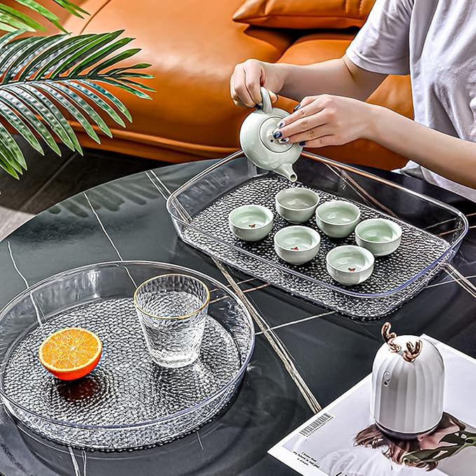 Lyellfe 4 Pack Clear Serving Tray, 15 x 10 Inch Deep Serving Platter, Spill Proof Decorative Coffee Table Perfume Tray for Bathroom, Dining Table, Vanity Cabinet