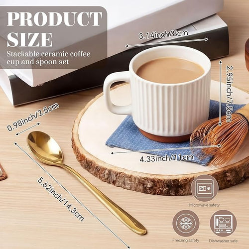 6 Set Ceramic Coffee Mugs with Spoons Set, Textured Ceramic Mugs with Handle, Dishwasher Microwave Safe, Aesthetic Tea Mug for Home Office, Coffee Lover Gift(White)