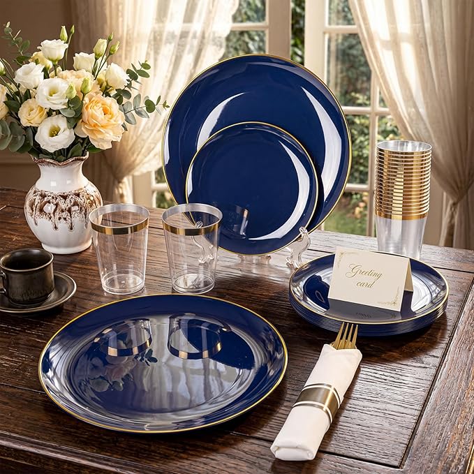 KIRE 350Pcs Blue and Gold Plates -Heavy Duty Navy Blue Dinnerware Set - 100 Plastic Plates 50 Pre Rolled Napkins with Gold Plastic Silverware 50 Cups for Birthday/Wedding/Parties/Passover/Graduation