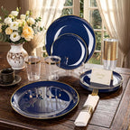 KIRE 350Pcs Blue and Gold Plates -Heavy Duty Navy Blue Dinnerware Set - 100 Plastic Plates 50 Pre Rolled Napkins with Gold Plastic Silverware 50 Cups for Birthday/Wedding/Parties/Passover/Graduation