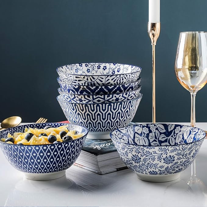 Selamica Blue and White Porcelain 20oz Cereal Bowl Set - Set of 6, 6 inch Soup Bowls, Ceramic bowls for Cereal, Soup, Salad and Pasta, Vintage Blue