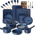 HONGBAKE 26 Pcs Pots and Pans Set Non Stick, Non Toxic Ceramic Cooking Set With 10 Silicone Utensils, Kitchen Induction Cookware & Bakeware Sets with Diamond Texture Pattern, PFOA Free, Blue