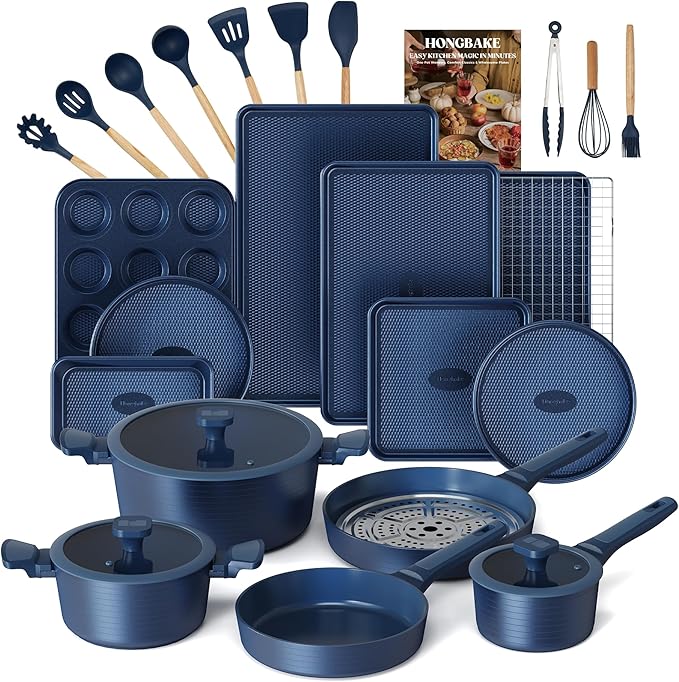 HONGBAKE 26 Pcs Pots and Pans Set Non Stick, Non Toxic Ceramic Cooking Set With 10 Silicone Utensils, Kitchen Induction Cookware & Bakeware Sets with Diamond Texture Pattern, PFOA Free, Blue