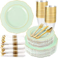 Liacere 350PCS Light Green Plates - Disposable Green and Gold Plastic Plates 50guest Baroque Dinnerware include 100Plates,50Pack Pre Rolled Napkins with Silverware 50Cups for Wedding ＆ Party & Spring