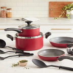 BELLA Cookware Set, 12 Piece Pots and Pans with Utensils, Nonstick PFOA Free Scratch Resistant Cooking Surface Compatible with All Stoves, Nylon and Aluminum, Red